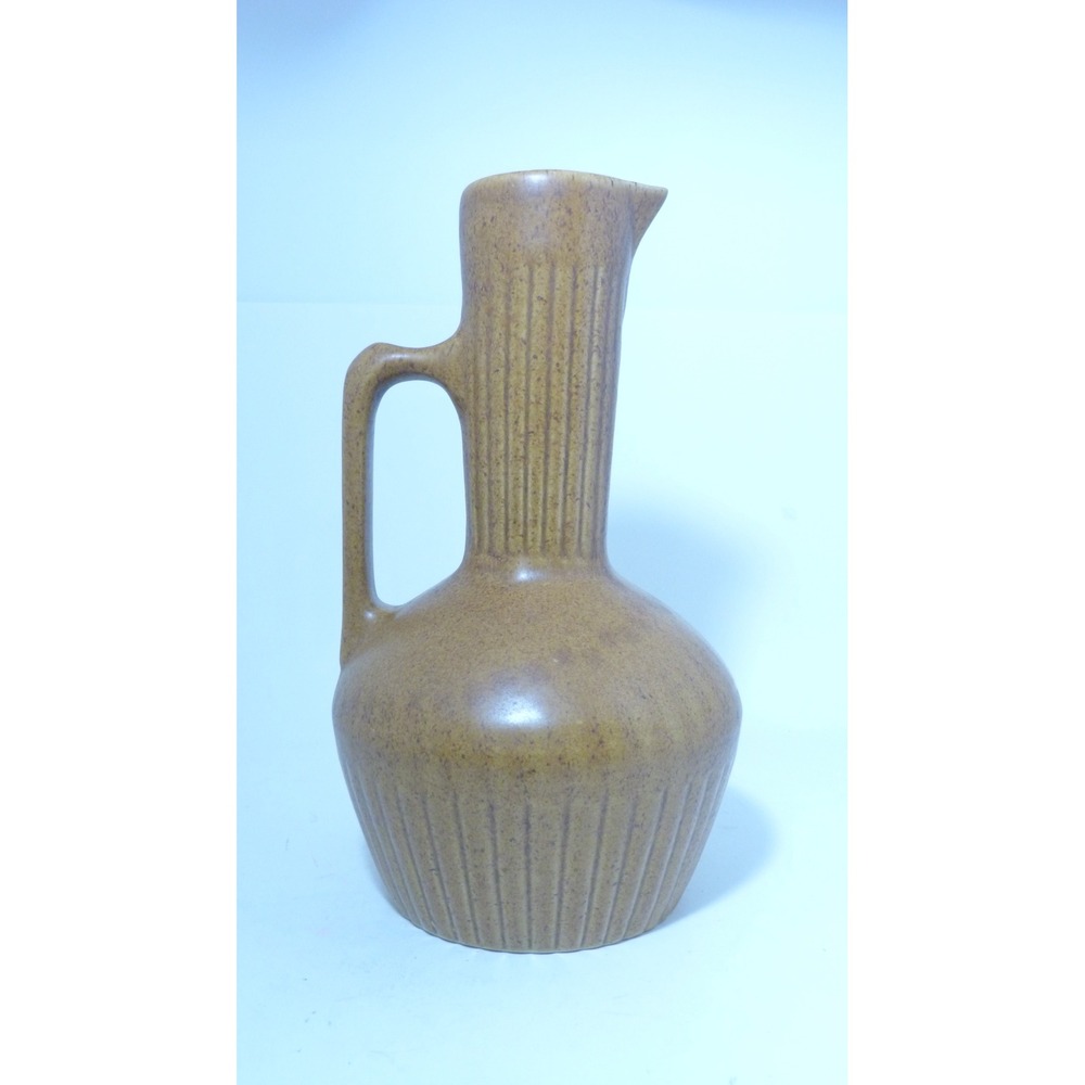 Vintage Monmouth Pottery Mojave Brown Ribbed Carafe Pitcher USA Maple Leaf 10.5"